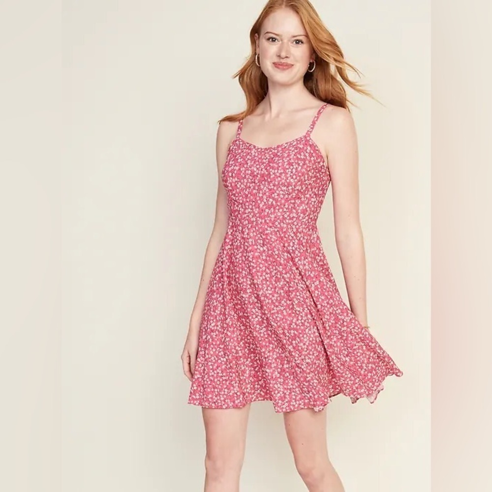 Old Navy Pink Floral Fit & Flare Cami Mini Dress Smocked Back Size XS